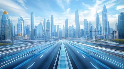 Fototapete - futuristic cityscape with blue and white buildings, featuring advanced road designs such as smart gl
