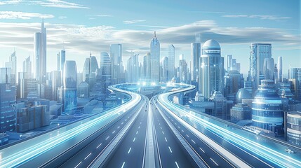Fototapete - futuristic cityscape with blue and white buildings, featuring advanced road designs such as smart gl