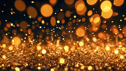 Poster - abstract golden bokeh with flying dots circles energy particles and light rays background