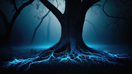 Poster - Blue energy roots imbued with energy, abstract background illustration of a tree in the dark