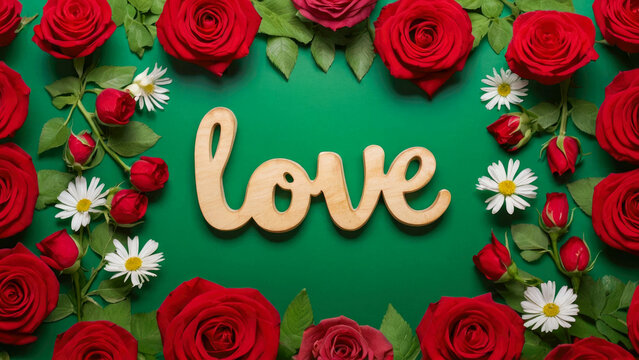 The word love spelled with wooden letters surrounded by red roses on a green background with leaves and flowers