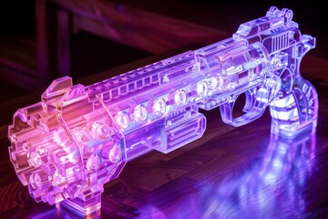 Poster - Crystal like futuristic gun with neon lights, symbolizing advanced technology and modern innovation in a sci fi setting 