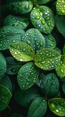 Poster - A closeup of vibrant green leaves with water droplets, symbolizing the freshness and vitality of nature. The background is dark to highlight the bright colors of the plants. Generative AI.