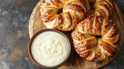  A wooden table bears a plate topped with croissants, adjacent to a bowl of yogurt