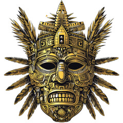 Wall Mural - Golden Aztec mask with sunburst design watercolor illustration