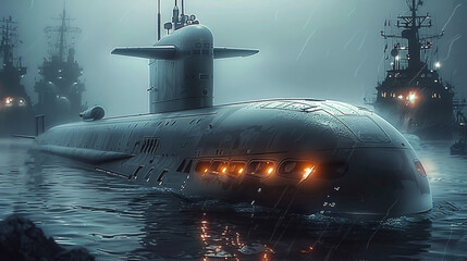 Poster - Modern submarine on sea. Generative AI.