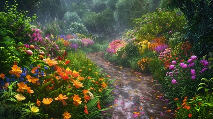 Poster - Amidst a cottage garden, vibrant flowers bloom profusely, their colors intensified by the gentle rain. Winding paths lead through the lush foliage, releasing the invigorating scent of wet earth.