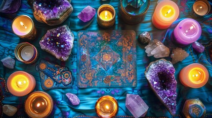 A serene and mystical display of healing crystals, aromatic candles, and a colorful mandala, all set on a vibrant blue silk fabric