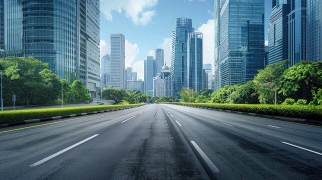 An empty highway road stretching through a city, with towering modern skyscrapers on one side and a lush green park on the other, creating a contrast between urban and natural landscapes.