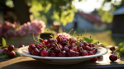 Wall Mural - cherries on a plate on the table, blurred background of an orchard, a pastoral scene of tranquility