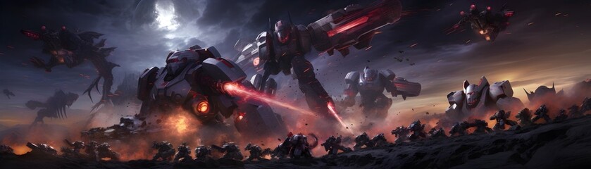 Colossal Sci-Fi Space Battle with Mecha Robots and Laser-Filled Skies