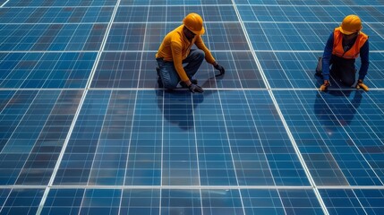 Poster - Installation workers are installing solar panels, top view. Generative AI.