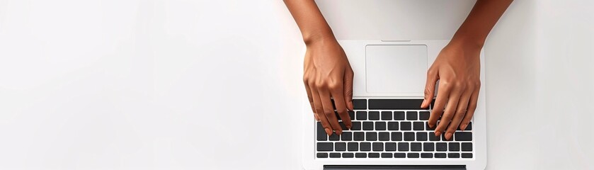 Poster - magazine photography style of a woman's hands typing on a laptop keyboard, clean white background, c