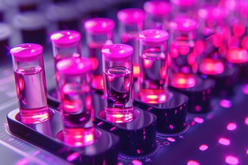 Poster - Glowing test tubes in a high tech lab with neon lights and futuristic scientific equipment