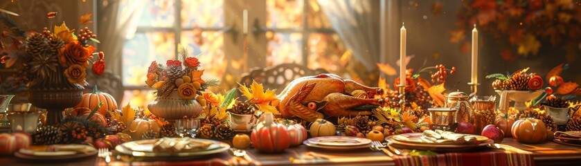 A Thanksgiving feast table setting from a behind-the-scenes viewpoint, featuring a scrumptious spread of dishes, elegant dinnerware, and bountiful decorations in a warm and inviting atmosphere