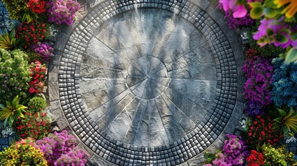 Poster - An overhead view of a circular garden patio with paving stones that have just been jet washed, radiating outwards in a sunburst pattern, framed by a ring of colorful garden blooms.