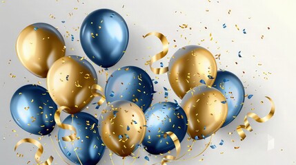 Holiday background with golden and blue metallic balloons, confetti and ribbons. Festive card for birthday party, anniversary, new year, christmas or other events. Created with