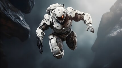 Wall Mural - Futuristic Space Soldier Soaring Powerfully in Sci-Fi Combat Suit