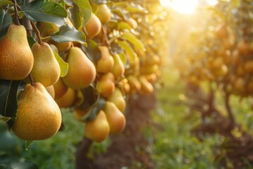 Wall Mural - orchard with yellow pears in the golden hour. harvest season.