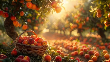 Wall Mural - abundance of ripe nectarines on branches with green leaves, a basket with large ripe nectarines stands in the foreground, sunlight passes through the leaves