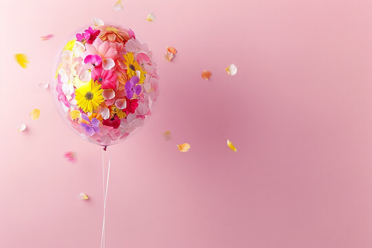 A single balloon filled with vibrant flower petals, suspended against a soft pastel pink background, with petals gently falling around it.