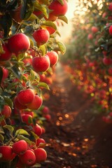 Wall Mural - stunning orchard with rows of trees, an abundance of red ripe apples on branches with green leaves, sunlight passes through the branches
