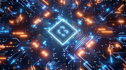 Fototapete - Blue background, circuit board pattern with glowing neon lines forming the shape of an isometric square in the center of the composition, futuristic and high-tech style. Generative AI.