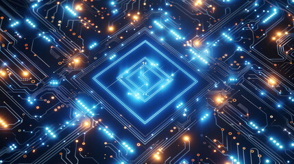 Fototapete - Blue background, circuit board pattern with glowing neon lines forming the shape of an isometric square in the center of the composition, futuristic and high-tech style. Generative AI.