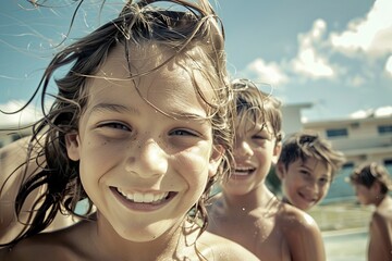 Wall Mural - Group of happy kids having fun at the swimming pool on a sunny day