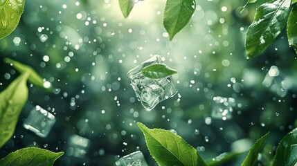 Aufkleber - A fresh green tea leaves scattered in the air hung in abstract bright space surrounding leaves and ice cubes, dark contrast light, stunning shades, movements. Generative AI.