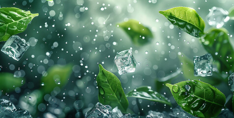 Aufkleber - A fresh green tea leaves scattered in the air hung in abstract bright space surrounding leaves and ice cubes, dark contrast light, stunning shades, movements. Generative AI.