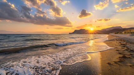 Poster - Sunset at the beach Sundown on thw beach  beautiful photography Beautiful sunset on the beach of Crete evening golden beach : Generative AI