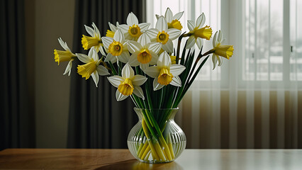 Wall Mural - bouquet of white-yellow daffodils in a small vase, hotel room background with copy space