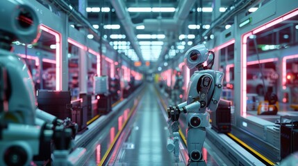 Poster - Smart factory with fully automated robot assembly, Cold light, Modern Future, High resolution, Neon light. Generative AI.