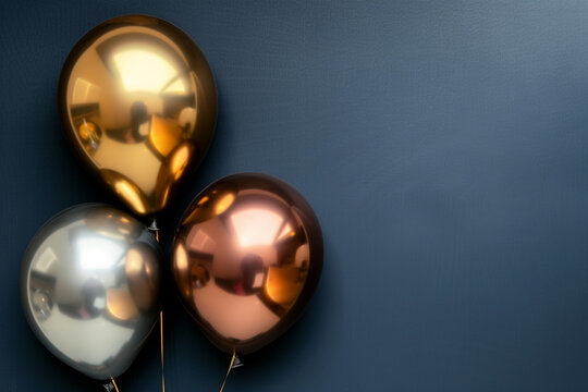 a trio of balloons in metallic shades of bronze, silver, and gold, arranged in a diagonal line again