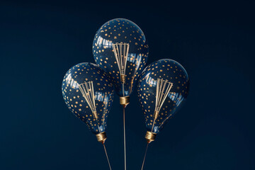 Wall Mural - A trio of balloons resembling vintage light bulbs, each with intricate filament designs, arranged in a triangular formation against a deep navy blue background.