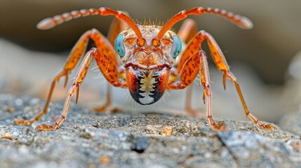 Wall Mural -  A tight shot of an orange and black insect, featuring long legs, an orange face with white stripes, an open mouth, and widened eyes, perched atop a rocky surface