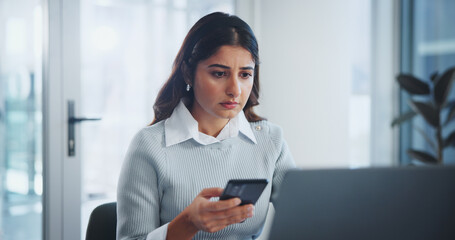 Leinwandbilder - Office, phone and business woman on laptop for online networking, website and internet at desk. Corporate, professional and person on smartphone and computer for research, communication and email