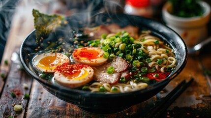 A steaming bowl of ramen with pork slices, soft-boiled egg, and green onion