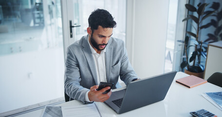 Aufkleber - Office, phone and businessman on laptop with documents for online networking, website and internet. Corporate, technology and person on smartphone and computer for research, communication and email