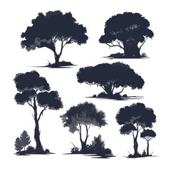 Wall Mural - Set of trees in silhouettes. Vector flat minimalistic isolated white illustration