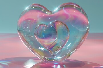 Poster - Crystal clear heart sculpture on reflective surface with pastel hues, showcasing minimalist elegance for sophisticated stock images 