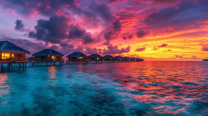 An amazing sunset panorama at the Maldives, showcasing luxury resort villas against a seascape with soft LED lights under a colorful sky.