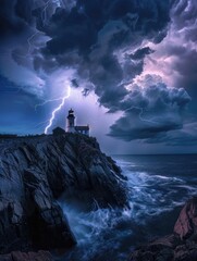 Poster - A lighthouse is lit up in the middle of a stormy night