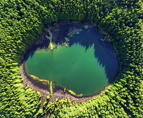 Poster - Aerial view of lake and forest Small blue lake in green forest and fields, Azores, Sete Cidades