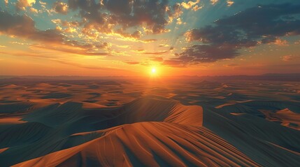 Wall Mural - The setting sun casts a brilliant glow over the expansive, rippled Saudi Arabian desert, illuminating the sandy, peaked dunes.