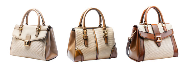 set collection of stylish women handbag purse, different colors and style, luxury elegant ladies hand bags isolated on white png transparent background