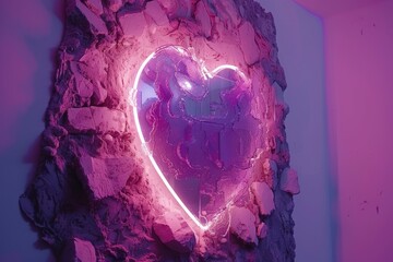 Sticker - Neon heart embedded in a cracked stone wall, creating a striking visual contrast between the modern and the ancient, perfect for unique stock photography 