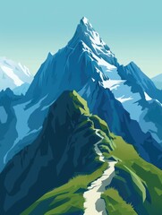 Sticker - A mountain range with a snow covered peak and a path leading up to it