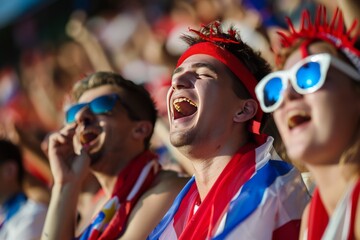 Wall Mural - A group of enthusiastic sports fans in red outfits cheering at a stadium, showing visible excitement and team spirit